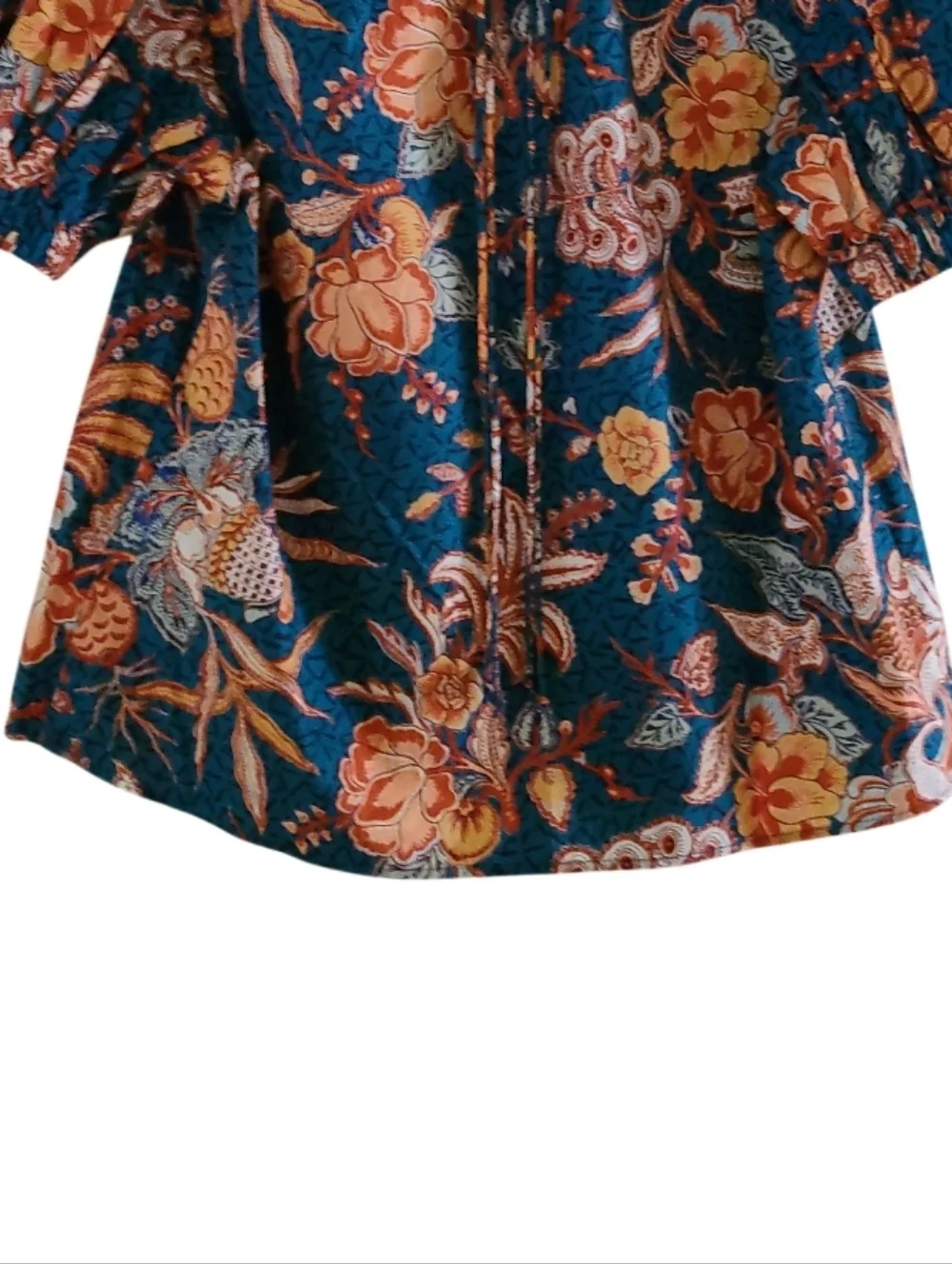 Ulla Johnson Frances Top Floral Puff-Sleeve 100% Cotton Blouse Deep Teal Orange